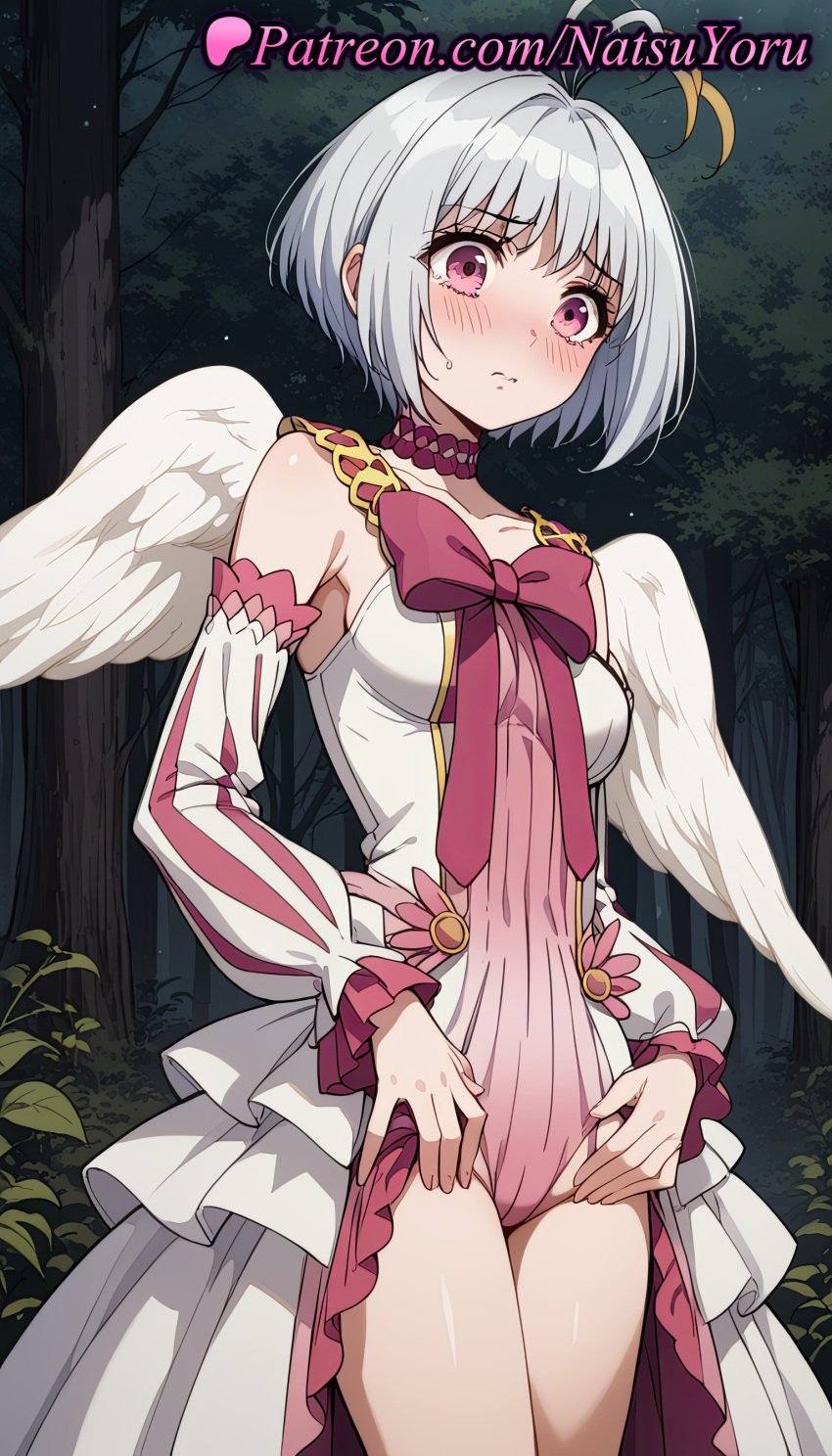 1girls ahoge ai_generated angel_wings anime anime_style antenna_hair asian bangs bare_shoulders blush bow breasts bust busty cameltoe choker closed_mouth clothing collarbone cowboy_shot detached_sleeves dress embarrassed feathered_wings female female_focus female_only fitoria forest frills grey_hair hentai leotard lips long_sleeves looking_at_viewer medium_breasts natsuyoru nature night outdoors pink_bow pink_choker pink_eyes pink_leotard puffy_sleeves short_hair showgirl_skirt small_breasts solo solo_female standing sweatdrop tate_no_yuusha_no_nariagari the_rising_of_the_shield_hero thighs tree voluptuous voluptuous_female white_dress white_hair white_leotard white_sleeves white_wings wings