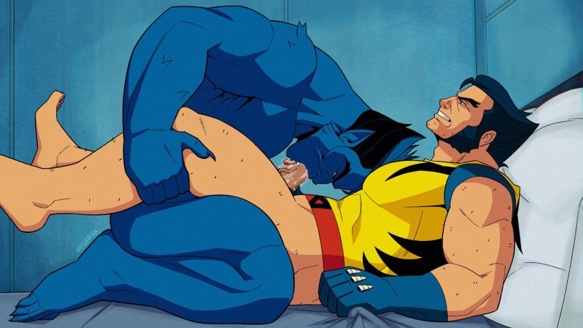 2boys abs anal bara beast_(x-men) biceps blue_fur blue_gloves blue_hair blue_skin bottomless colored_skin english_commentary erection fellatio gloves hairy highres large_pectorals large_penis male_focus male_penetrated manly marvel mature_male multiple_boys muscular muscular_male nude oral pectorals penis precum precum_drip sex short_hair spandex teeth tusks vvulfbara wolverine_(x-men) x-men x-men:_the_animated_series yaoi