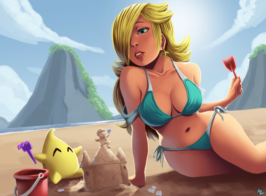 beach bikini blonde_hair blue_eyes cleavage cute female hair_over_one_eye human long_hair luma mario_(series) nintendo parsujera princess_rosalina sand_castle super_mario_bros.