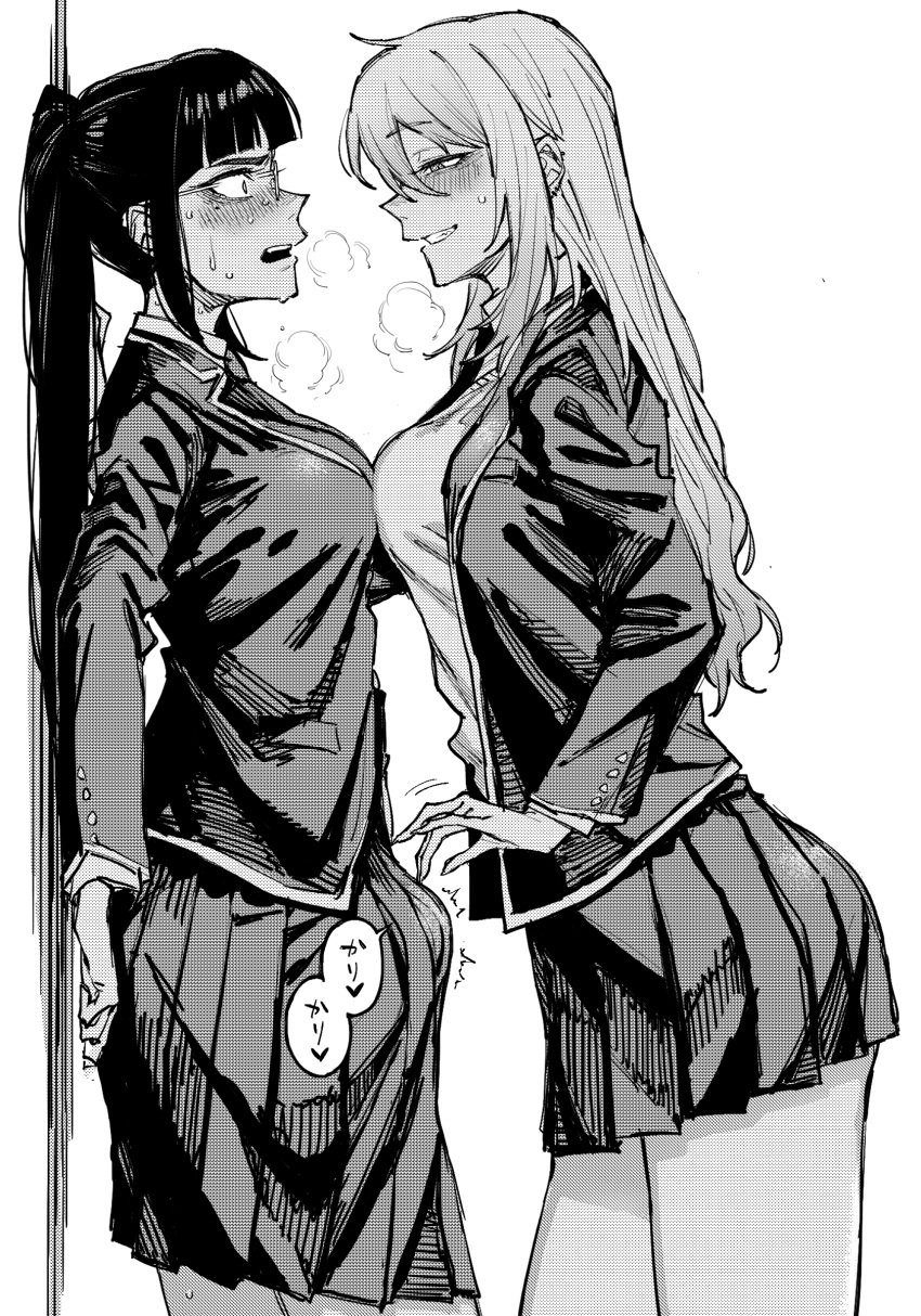 2girls absurdres against_wall blazer blush breast_press breath bulge commentary_request erection erection_under_clothes futanari glansjob glasses handjob handjob_over_clothes heavy_breathing highres jacket long_hair long_sleeves monochrome multiple_girls naughty_face open_mouth original partial_commentary pleated_skirt ponytail school_uniform shirt skirt sweat symmetrical_docking takahashi_ryuu translation_request