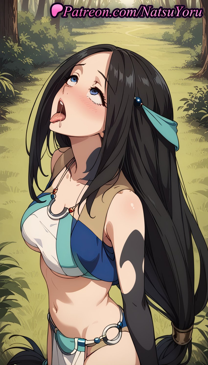 1girls ahe_gao ai_generated anime anime_style bandeau bare_shoulders bikini black_hair blue_eyes blush bra breasts bush bust busty cleavage collarbone cowboy_shot crop_top day female female_focus female_only female_solo forest grass groin hair_ornament hentai large_breasts loincloth long_hair looking_up low-tied_long_hair medium_breasts midriff natsuyoru nature navel necklace non-asian o-ring o-ring_bottom open_mouth oral_invitation outdoors pantsu parted_bangs pelvic_curtain sadeena saliva skirt solo solo_female stomach swimsuit tate_no_yuusha_no_nariagari tattoo teeth the_rising_of_the_shield_hero tongue tongue_out tree underboob upper_teeth_only very_long_hair vest voluptuous voluptuous_female