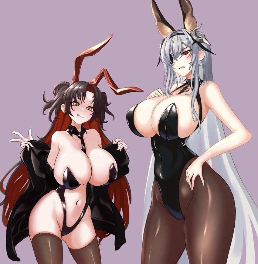 2girls absurdres animal_ears azur_lane bare_shoulders black_hair black_jacket black_leotard black_necktie black_pantyhose black_thighhighs breasts cleavage colored_inner_hair eyepatch fake_animal_ears fritz_rumey_(azur_lane) fritz_rumey_(schwarzes_kaninchen)_(azur_lane) gluteal_fold highres huge_breasts jacket leotard licking_lips long_hair looking_at_viewer multicolored_hair multiple_girls navel necktie official_alternate_costume pantyhose playboy_bunny purple_background rabbit_ears red_eyes red_hair rolingblade simple_background stomach thighhighs tongue tongue_out very_long_hair w white_hair yellow_eyes z52_(azur_lane) z52_(the_rapid_rabbit)_(azur_lane)