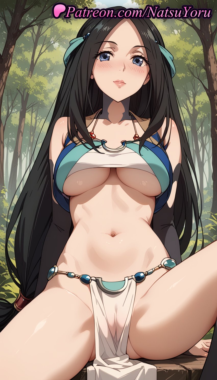 1girls ai_generated anime anime_style arm_support ass_visible_through_thighs bangs bare_shoulders bikini black_hair blue_eyes blush breasts bust busty cameltoe closed_mouth clothing collarbone crop_top day detached_sleeves elbow_gloves female female_focus female_only female_solo forehead forest gloves hair_ornament hair_ribbon hentai knee_up large_breasts lips loincloth long_hair looking_at_viewer low-tied_long_hair natsuyoru nature navel nose_blush o-ring outdoors parted_bangs parted_lips pelvic_curtain pussy revealing_clothes ribbon sadeena see-through sitting smile solo solo_female spread_legs stomach tate_no_yuusha_no_nariagari the_rising_of_the_shield_hero thighs tree underboob very_long_hair voluptuous voluptuous_female