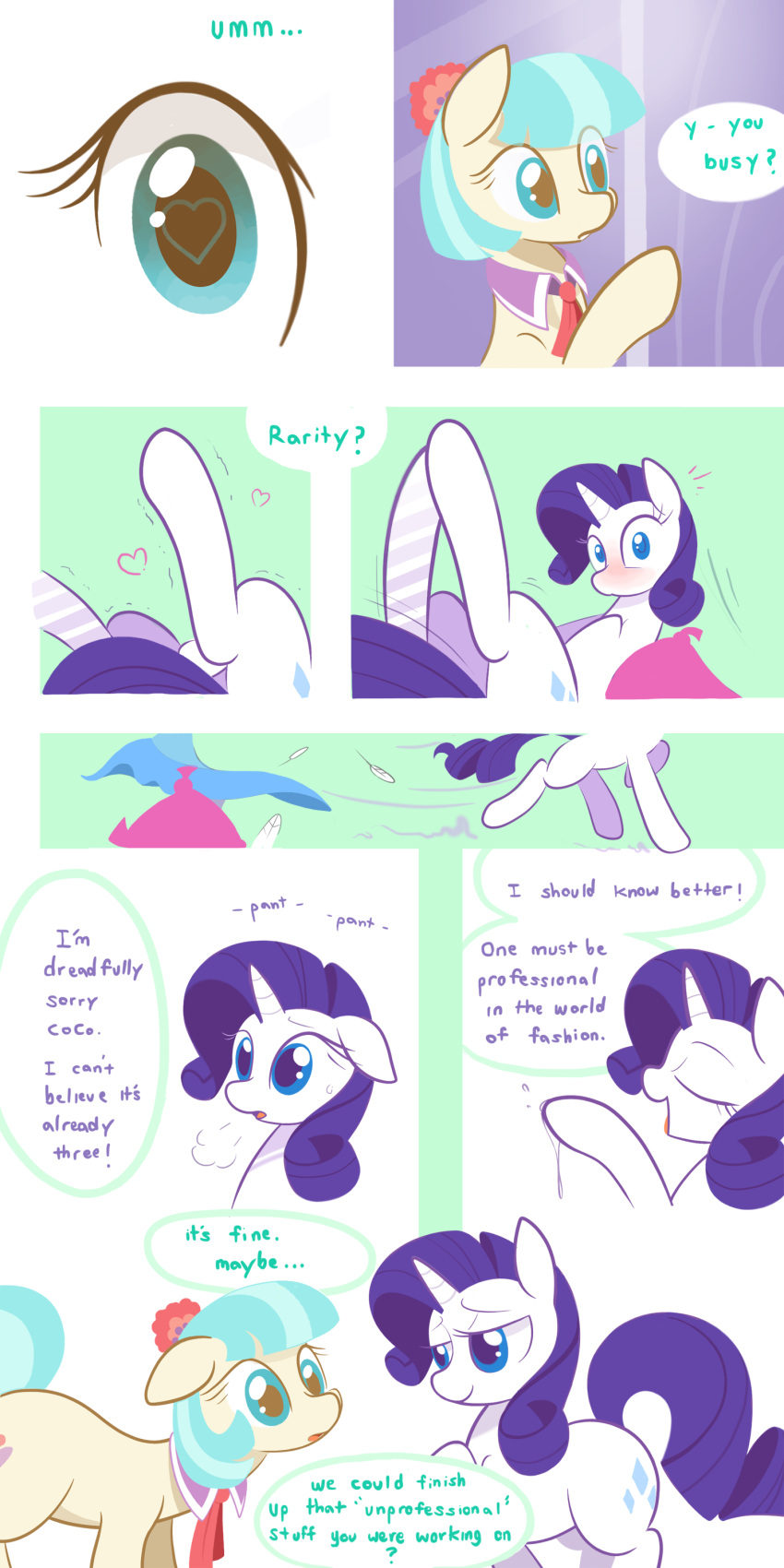 2015 absurd_res blue_eyes blue_hair blush braddo caught closed_eyes coco_pommel_(mlp) cutie_mark dialogue english_text equine feathers female friendship_is_magic furry hair heart hi_res horn horse long_hair mammal masturbation my_little_pony open_mouth out_of_frame pony purple_hair pussy_juice rarity_(mlp) running smile text two_tone_hair unicorn white_fur