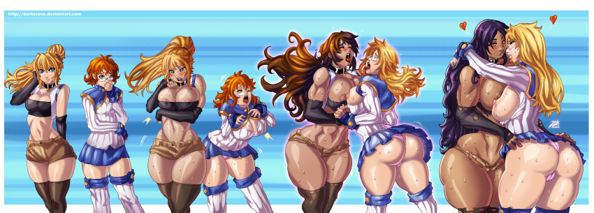 2girls abs ass blonde_hair blue_eyes blue_hair blush breast_expansion breasts bubble_ass closed_eyes dark_skin darkereve elbow_gloves female fingerless_gloves glasses gloria gloves heart highres large_ass large_breasts long_hair medium_breasts multiple_girls navel nipples open_mouth orange_eyes orange_hair panties ponytail short_hair shorts skirt small_breasts standing sweat thighhighs tied_hair tight_clothes tongue tongue_out transformation tubetop wide_hips xdtopsu01 yuri