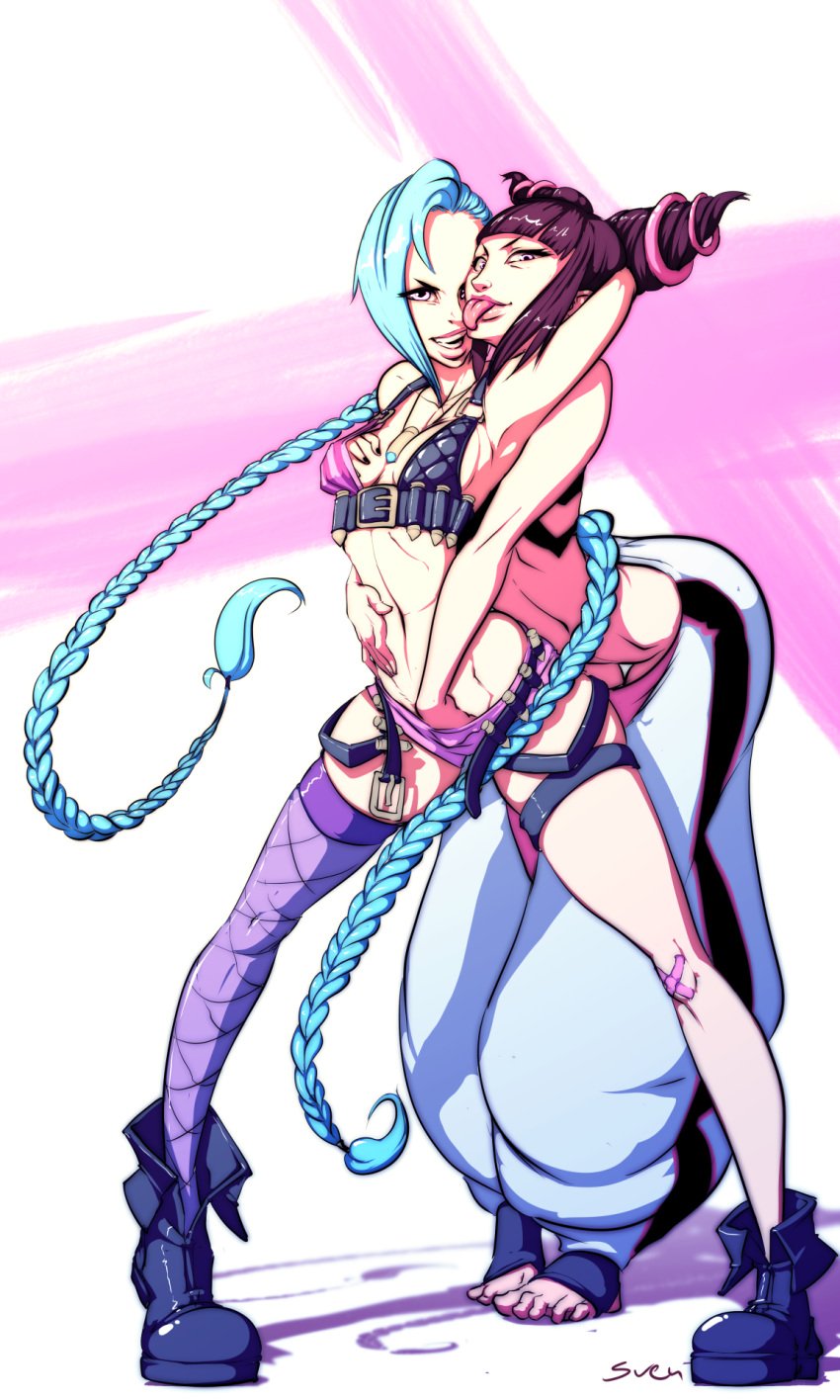 2girls aqua_hair bare_shoulders barefoot black_hair boots braid breast_grab breasts bullet crossover female female_only halter_top halterneck hand_in_shorts human jinx_(league_of_legends) juri_han league_of_legends long_hair midriff multiple_girls navel necklace pants pink_eyes short_twintails shorts single_thighhigh small_breasts smile standing street_fighter street_fighter_iv super_street_fighter_iv svenners thigh_strap thighhighs tied_hair toeless_socks twin_braids twintails very_long_hair yuri