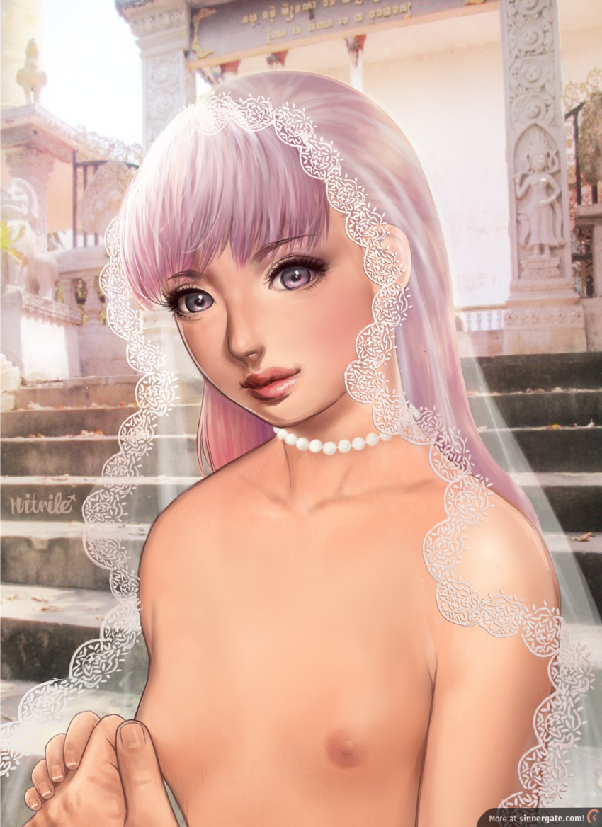 bride femboy girly long_hair male_bride necklace nipple_pinch nipples nitrile pearl_necklace pov standing trap veil wedding_veil white_hair