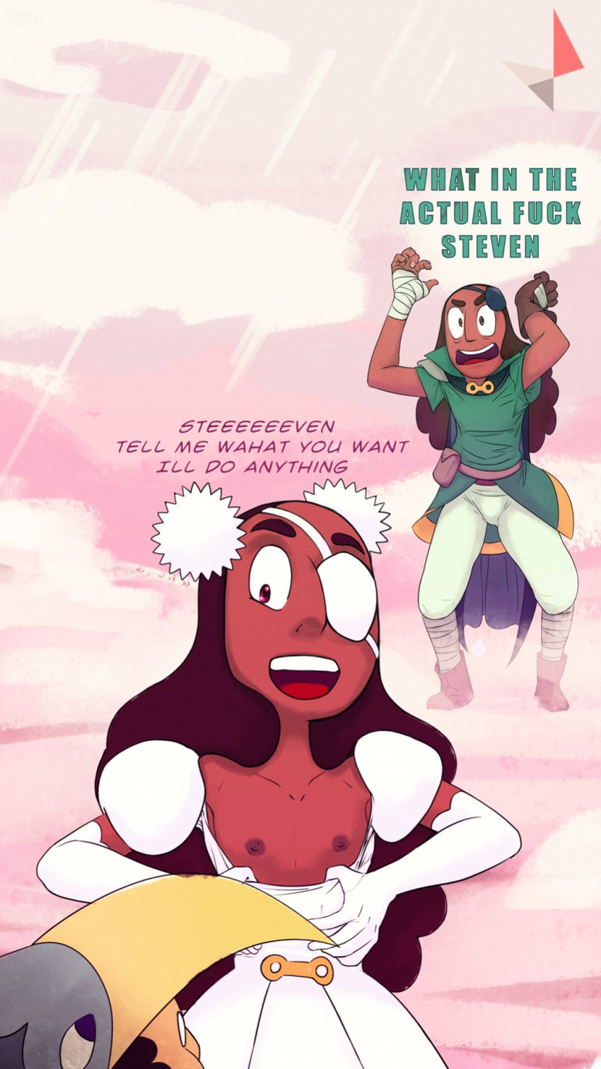 1boy 1girls 2girls angry cartoon_network cloud_connie connie_maheswaran d-rock dark-skinned_female dark_skin drockdraw embarrassed exposed_breasts female flashing flat_chested human male nipples open_book_(steven_universe) open_clothes profanity self_exposure steven_quartz_universe steven_universe straight_hair young