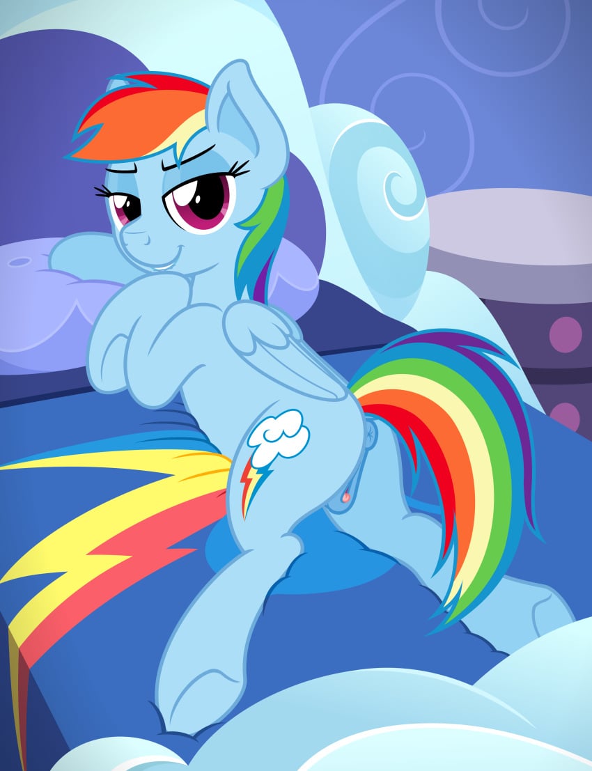 absurd_res anus bed bedroom bedroom_eyes biting_lip blue_fur clitoral_winking clitoris cutie_mark equine feathers female friendship_is_magic fur hair half-closed_eyes hi_res hooves inside long_hair looking_at_viewer looking_back mammal multicolored_hair my_little_pony pegasus presenting purple_eyes pussy rainbow_dash_(mlp) raised_tail rear_view smile solo straight_hair wings zutheskunk