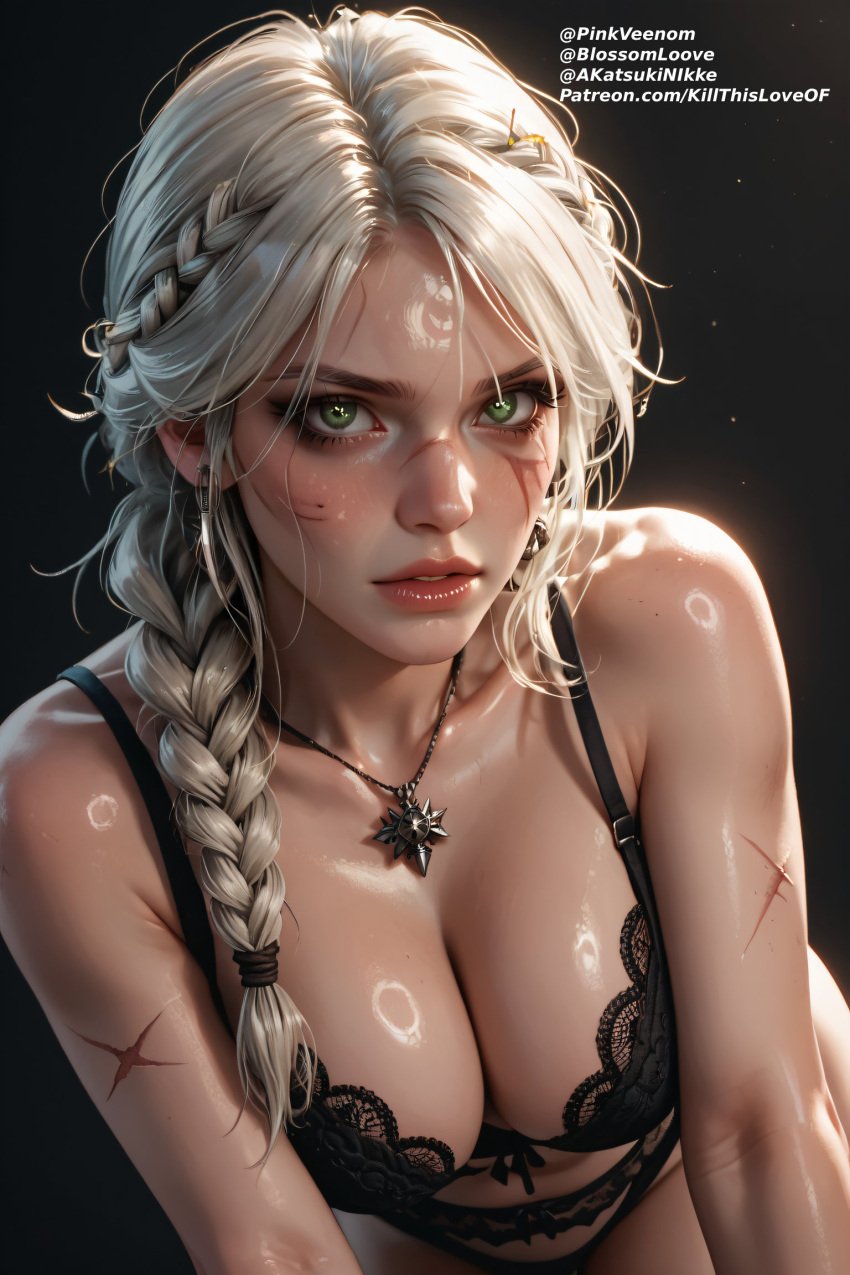 ai_generated big_breasts bra braid breasts cd_projekt_red ciri collar female green_eyes light-skinned_female lingerie looking_at_viewer mascara panties pinkveenom scar solo the_witcher_(series) the_witcher_4 wet_body white_hair