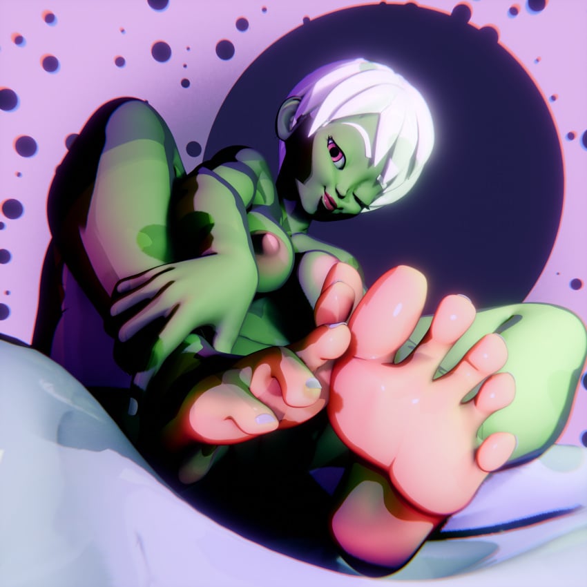 3d 3d_(artwork) alien alien_girl breasts cheelai dragon_ball dragon_ball_super feet foot_fetish foot_focus green_body green_skin lipstick lordofpeaches nipples painted_nails pink_eyes soles spread_toes toes white_hair wink