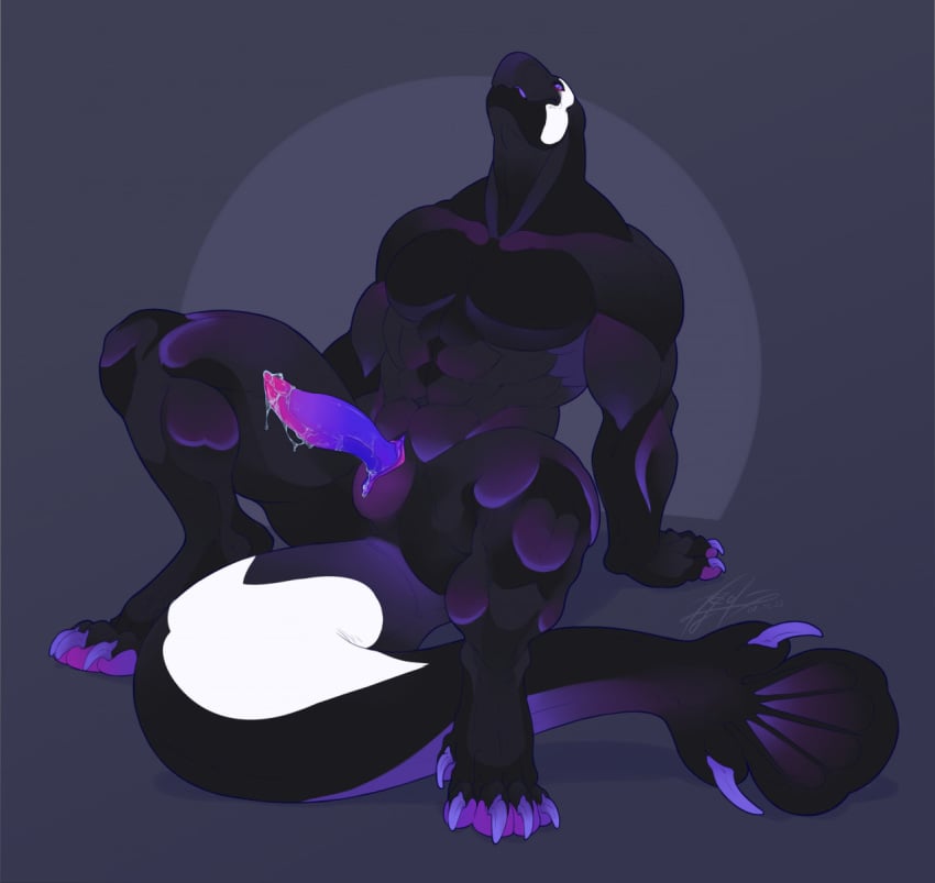 2022 big_tail black_body bodily_fluids claws demon feet genital_fluids genitals grey_background hi_res kira_adelay male multicolored_penis muscular muscular_male penis precum purple_sclera simple_background solo tail