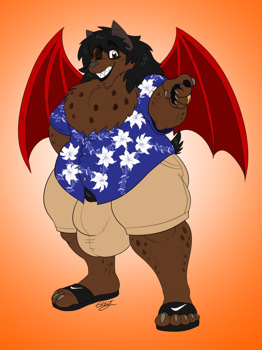 absurd_res aloha_shirt anthro bat big_bulge bulge clothing detailed_bulge digit_ring eth_(artist) genital_outline hi_res huge_bulge hybrid hyena jewelry joseph_vincent leaf-nosed_bat looking_at_viewer male mammal microbat musclegut muscular muscular_male one_eye_closed pattern_clothing pattern_shirt pattern_topwear penis_outline ring shirt spotted_hyena topwear vampire_bat wedding_ring wings wink winking_at_viewer yangochiropteran