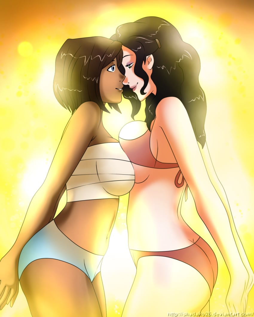 2girls asami_sato avatar_legends bikini breast breast_squish canon_couple chest_wraps chocolate_and_vanilla dark-skinned_female dark_skin eye_contact female female_only human interracial korra large_breasts multiple_females shadako26 straight_hair the_avatar the_legend_of_korra water_tribe yuri