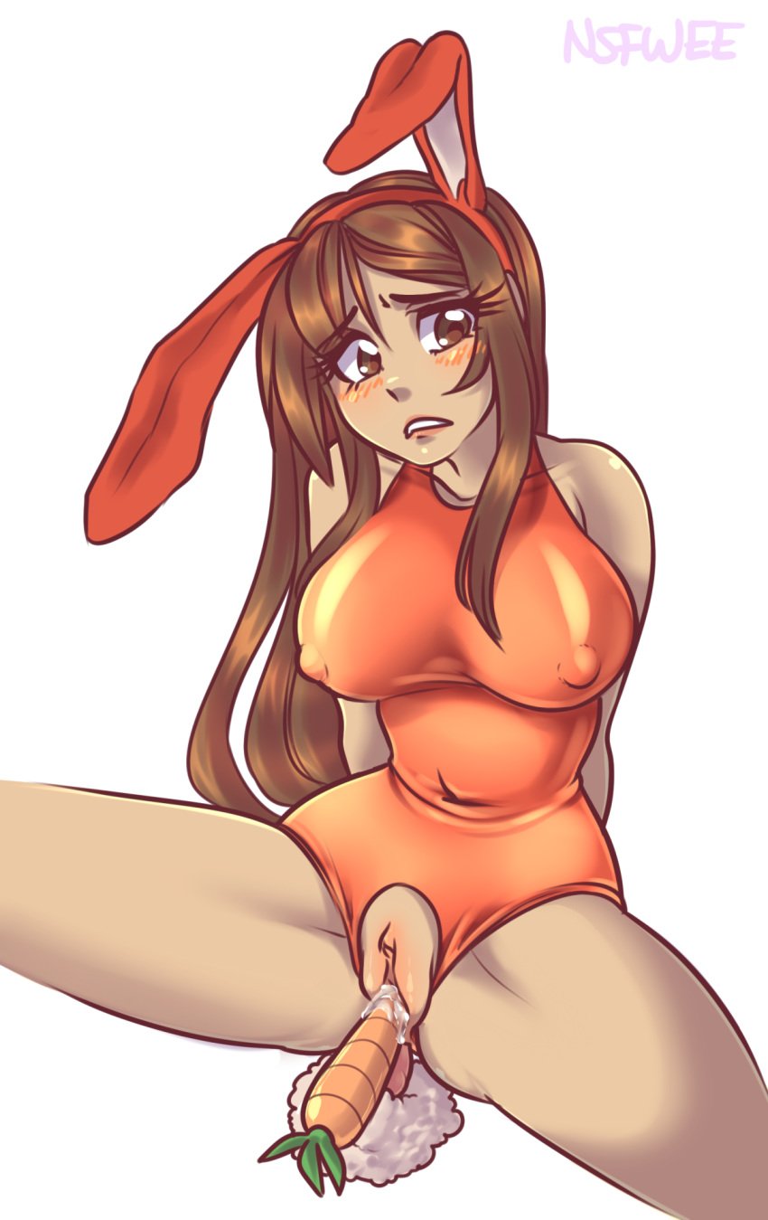 anal anal_insertion animal_ears artist_self-insert breasts brown_eyes brown_hair bunny_ears carrot covering_nipples crotchless_clothes double_penetration female frown large_breasts leotard long_hair nipples nsfwee original simple_background solo spread_legs vaginal_insertion vaginal_penetration wee white_background