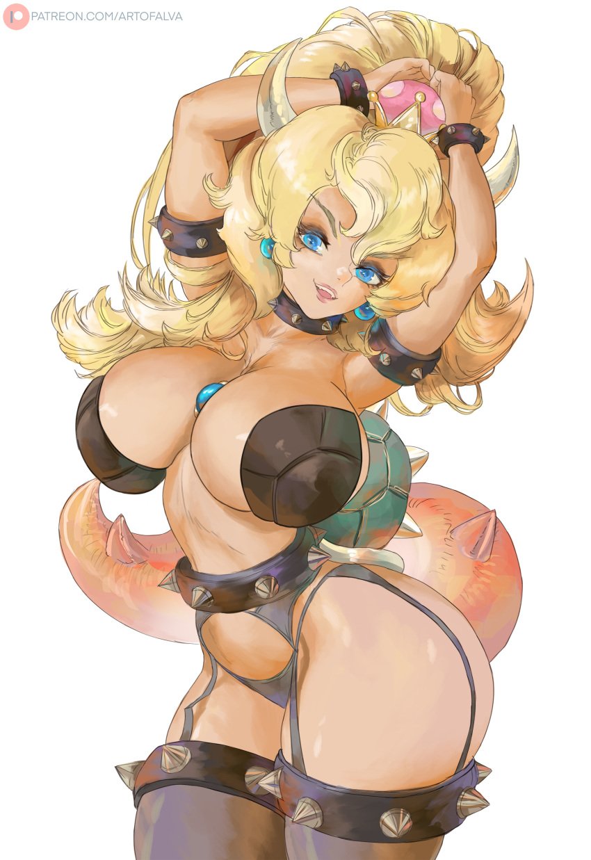 1girls absurdres alva alva_(artofalva) armlet armor arms_up black_panties black_thighhighs blonde_hair blue_eyes bowsette bracelet breastplate breasts collar cowboy_shot earrings garter_belt highres horns jewelry large_breasts lips long_hair looking_at_viewer mario_(series) new_super_mario_bros._u_deluxe nintendo open_mouth panties patreon_username ponytail simple_background smile solo spiked_armlet spiked_belt spiked_bracelet spiked_collar spiked_shell spiked_tail spikes standing super_crown tail teeth thighhighs underwear upper_teeth_only wavy_hair white_background