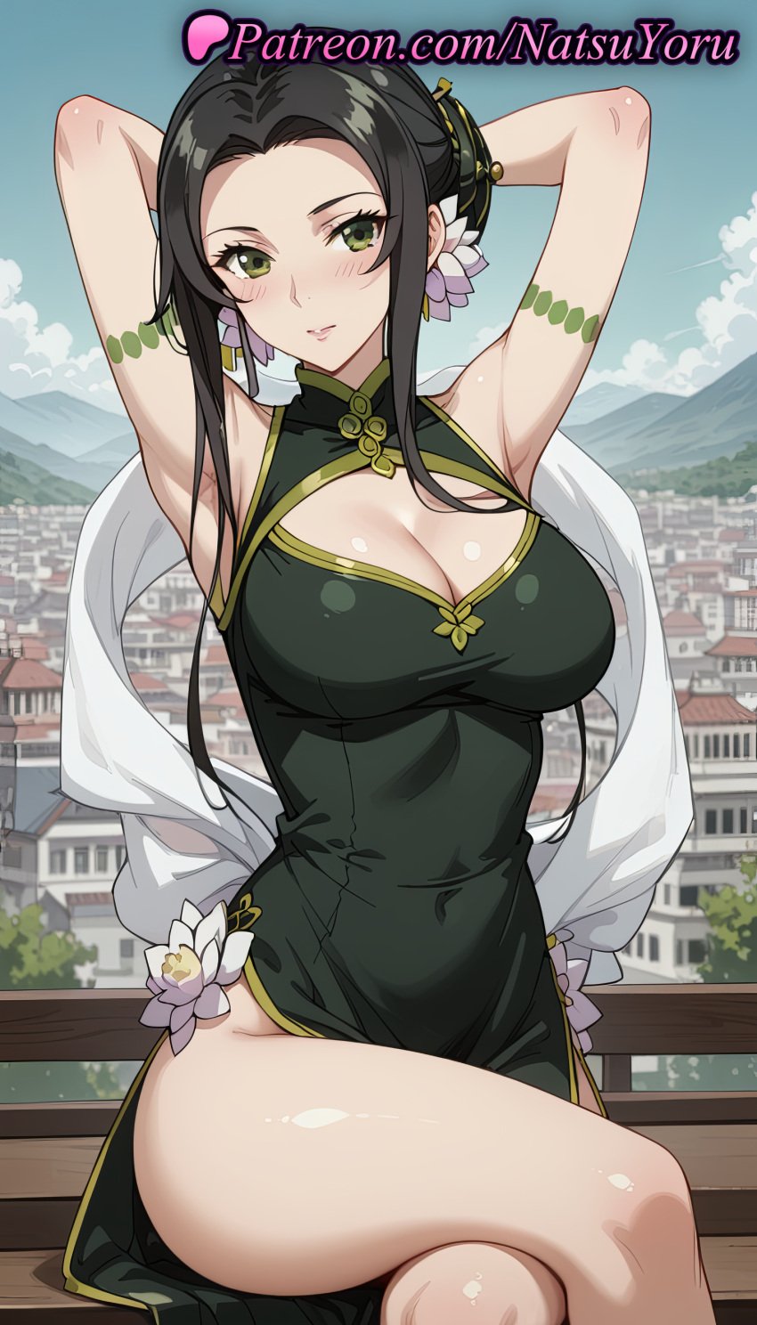 1girls ai_generated anime anime_style armband armlet armpit armpits arms_behind_head arms_up asian bare_shoulders bench black_dress black_hair blue_sky blush breasts building bust busty china_dress chinese_clothes cleavage cleavage_cutout closed_mouth clothing_cutout cloud covered_navel crossed_legs day dress earrings female female_focus female_only flower flower_earrings flowers forehead gold_trim green_dress green_eyes hair_bun hair_flower hair_ornament hentai jewelry large_breasts legs long_hair looking_at_viewer mountainous_horizon natsuyoru ost_horai outdoors parted_bangs parted_lips pelvic_curtain shawl side_slit sidelocks single_hair_bun sitting sky sleeveless sleeveless_dress smile solo solo_female tate_no_yuusha_no_nariagari taut_dress the_rising_of_the_shield_hero thighs voluptuous voluptuous_female