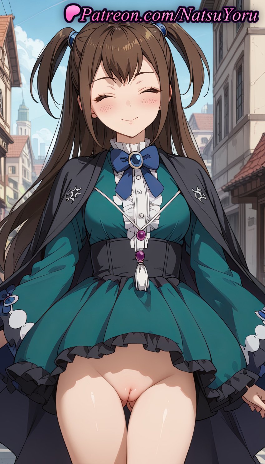 1girls ai_generated anime anime_style aqua_dress asian ass_visible_through_thighs black_cape black_cloak blue_bow blue_bowtie blue_sky blush bow bowtie breasts brooch brown_hair building bust busty cape center_frills cleft_of_venus closed_eyes closed_mouth corset cowboy_shot day dress facing_viewer female female_focus female_only frilled_dress frilled_sleeves frills green_dress hentai jewelry kazayama_kizuna labia labia_majora long_hair long_sleeves medium_breasts natsuyoru no_panties nopan outdoors paipan public_indecency pussy sidelocks skirt skirt_lift sky small_breasts smile solo solo_female standing tassel tate_no_yuusha_no_nariagari the_rising_of_the_shield_hero thigh_gap thighs two_side_up uncensored vagina voluptuous voluptuous_female wide_sleeves