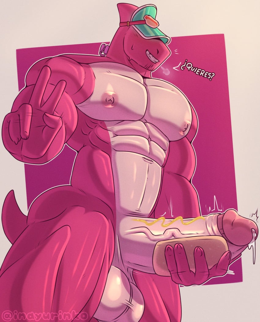 1boy 2024 abs anthro anthro_only artist_name balls bara big_balls brawl_stars bread breath covered_eyes dinosaur doug_(brawl_stars) dripping dripping_precum erect_nipples erection gay hi_res huge_cock inayurinko looking_at_viewer muscular muscular_male muscular_thighs mustard nipples pecs penis penis_grab pink_body pink_scales pink_skin precum precum_drip solo solo_male spanish_text sweatdrop tail text thick_thighs thighhighs thighs v v_sign video_games