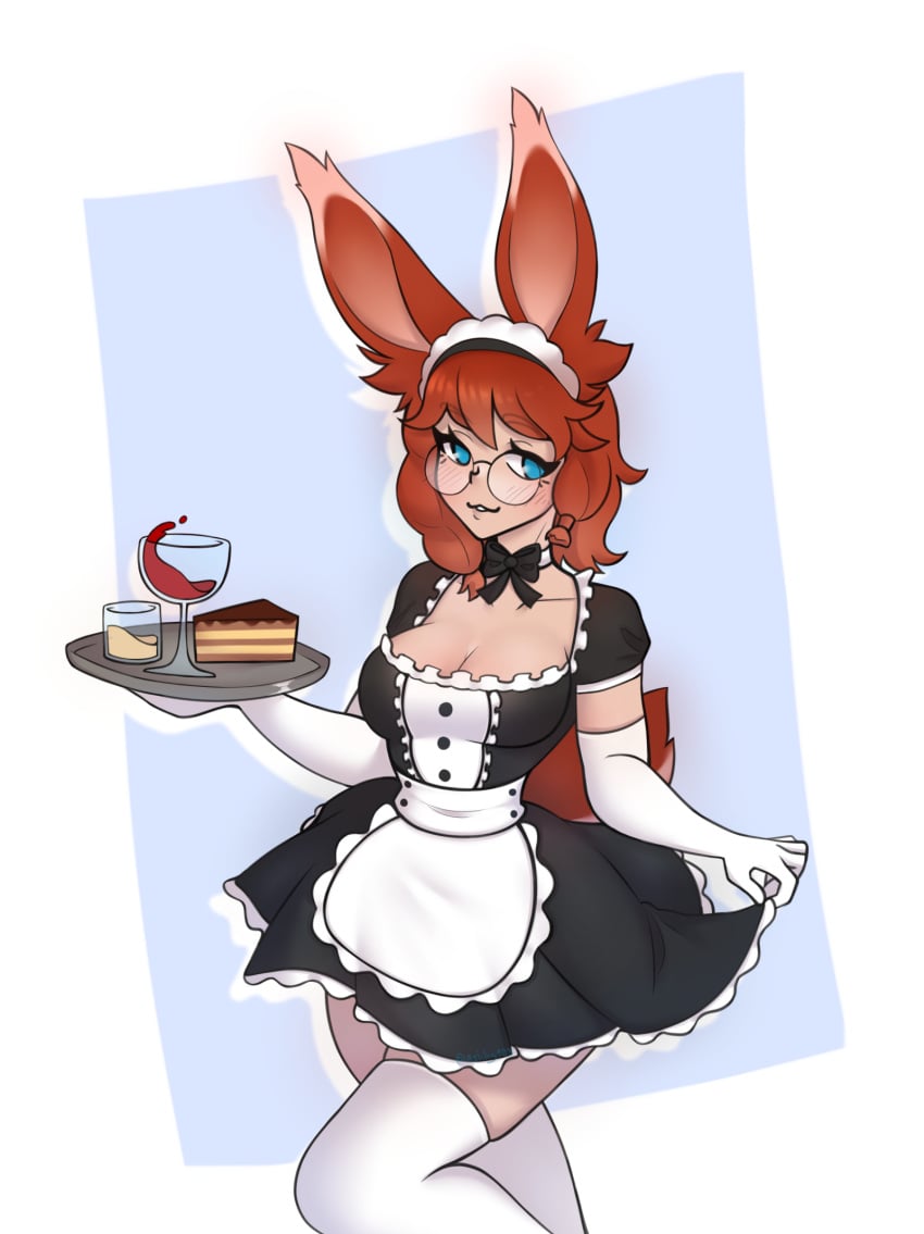 ashhy aurora aurora_(league_of_legends) blue_eyes bunny_ears bunny_girl bunny_tail cleavage freckles glasses maid maid_apron maid_dress maid_headdress maid_outfit maid_uniform red_hair stockings