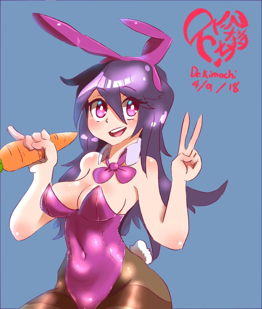 1girls artist_logo belly_button blue_background blush breasts breasts_out bunny_ears bunny_tail bunnysuit carrot cleavage color digital_media_(artwork) doctor_kimochi dr.kimochi galaxy_gals grey_hair holding_object large_breasts light_skin long_hair looking_at_viewer nyanko_daisensou peace_sign pink_eyes plump plump_female smile teenager the_battle_cats thick_thighs thighs thundia tight_clothing