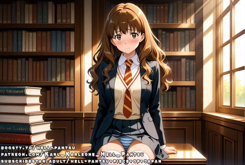 ai_generated brown_eyes brown_hair hermione_granger jacket medium_breasts shy skirt tie uniform wavy_hair