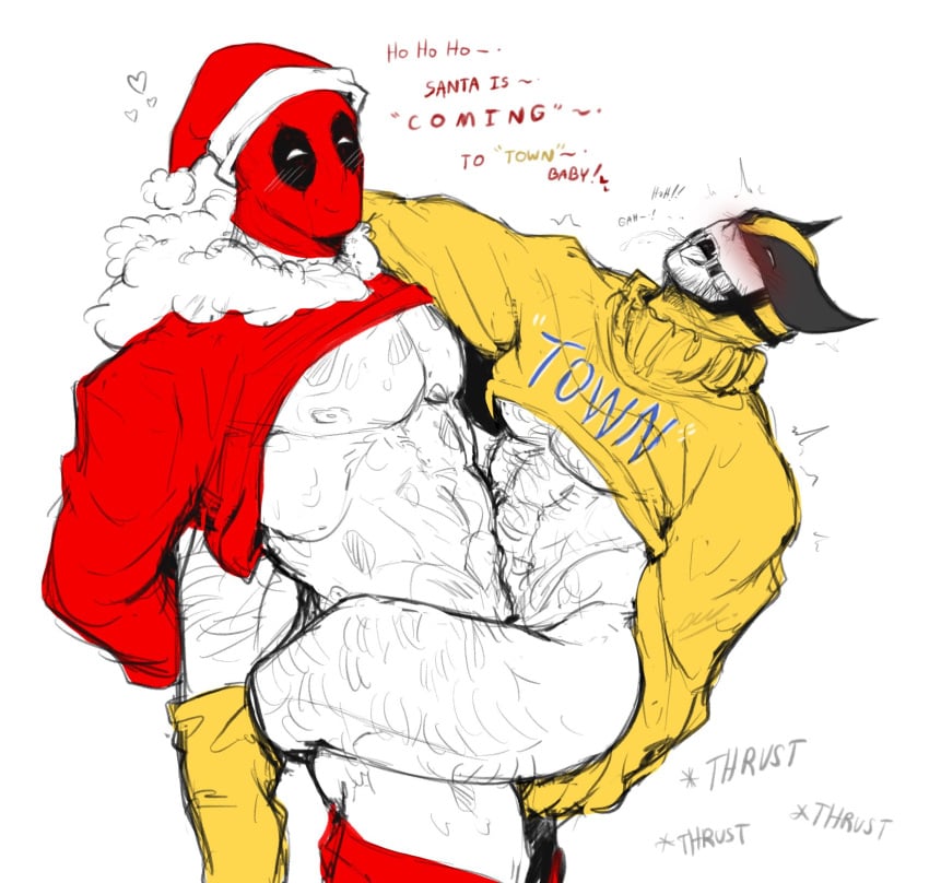 2boys baimonbluewhale bdsm blush christmas christmas_outfit christmas_sweater couple deadpool deadpool_&_wolverine_(2024) gay james_howlett leg_hair lifting_person logan_(x-men) male marvel mask muscular_male nipples open_mouth pectorals restrained ring_gag santa_hat sex sweater wade_wilson wolverine_(x-men) x-men yaoi