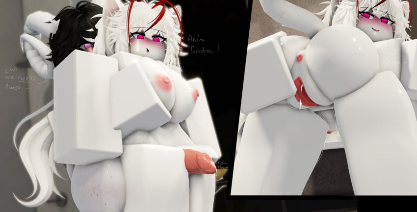 1female 1futa 3d bathroom big_breasts dialogue futanari groping groping_breasts groping_from_behind hecahhte knot knotted_penis leaking_precum leaking_pussy leaning_forward leaning_on_object penis_between_thighs roblox robloxian spread_legs spreading_pussy white_hair white_skin