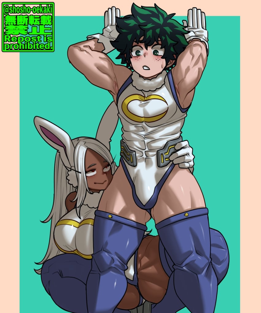 ambush_(trap) bedroom_eyes big_breasts bulge bunny_girl crossdressing femboy hand_on_hip leotard midoriya_izuku miruko miruko_(cosplay) my_hero_academia rumi_usagiyama shosho_oekaki stockings worried_expression