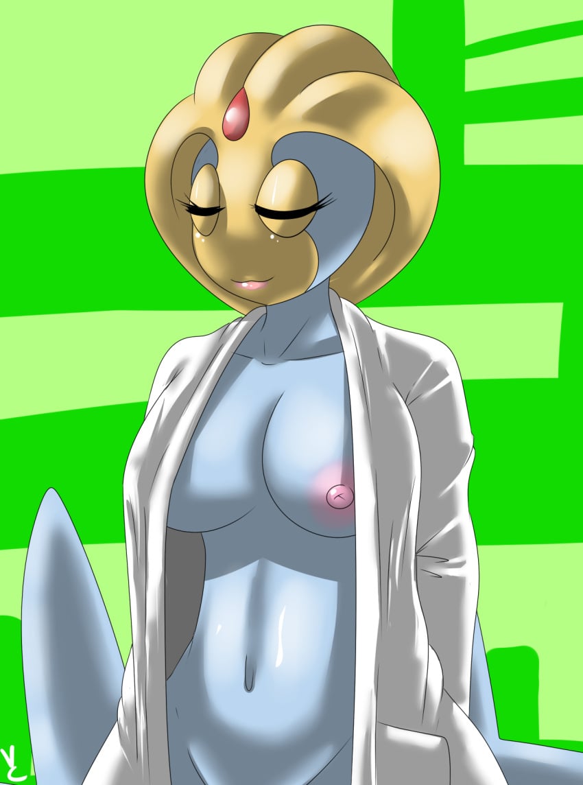 2015 big_breasts blush breasts closed_eyes clothed clothing coat female generation_4_pokemon hi_res humanoid lab_coat legendary_pokemon navel nintendo nipples nude partially_clothed pokemon pokemon_(species) smile solo topwear uxie virate-chip