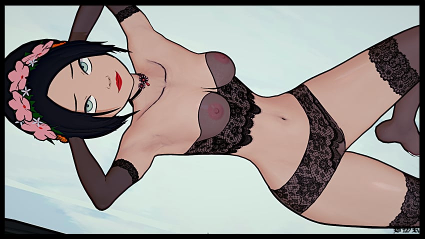 avatar_legends avatar_the_last_airbender black_hair breakwater_ridge female green_eyes lingerie lipstick nickelodeon nicktoons petite shortstack stockings toph_bei_fong