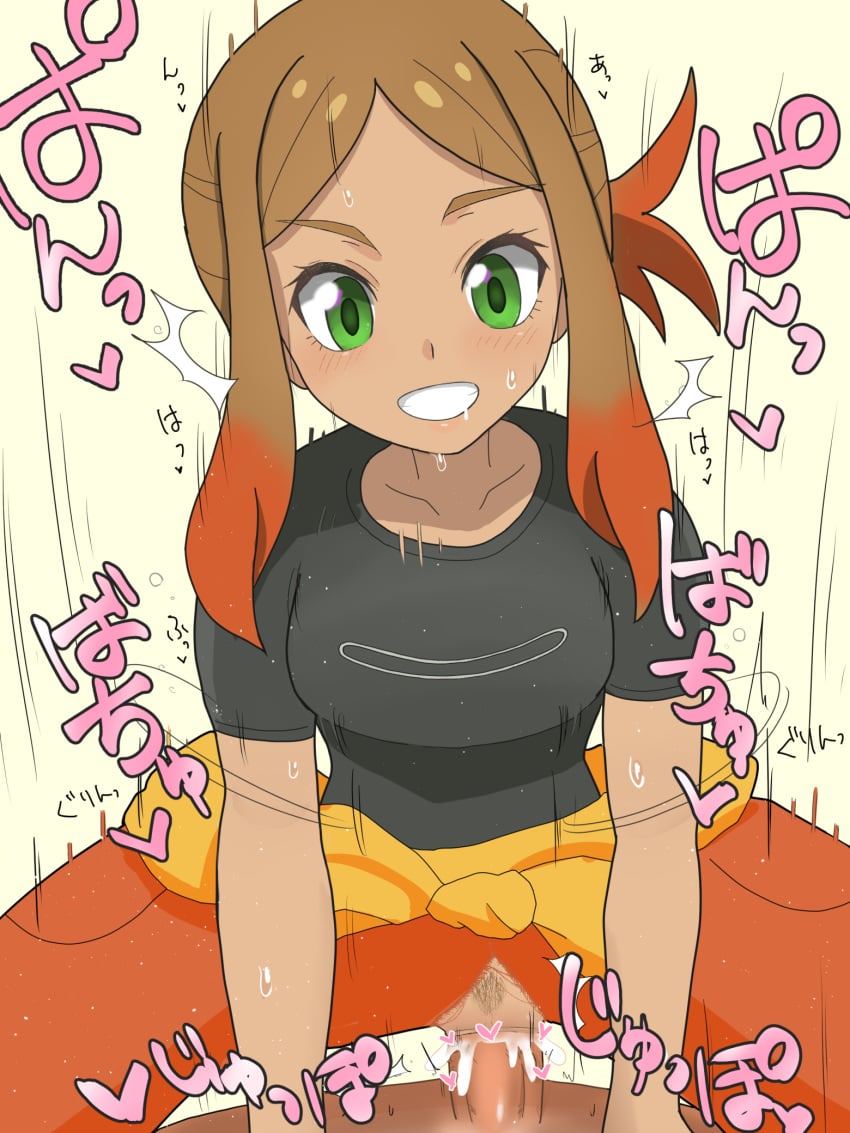 1boy 1girls black_shirt breasts brown_hair cowgirl_position dark-skinned_female dark_skin female gradient_hair green_eyes highres male male/female multicolored_hair orange_hair orla_(pokemon) pokemon pokemon_(anime) pokemon_horizons pov sex shirt simesaba_(xwdt4337) smile solo_focus straddling sweat