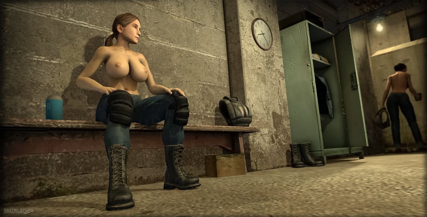 2girls 3d areola areolae bare_breasts big_breasts boots breasts brown_hair citizen citizen_(half-life_2) citizen_(half-life_series) clock combat_boots female female_only half-life half-life_(series) half-life_2 highres huge_breasts human jeans looking_away moyachnik nipples pants rebel rebel_(half-life_2) sitting source_filmmaker topless topless_female valve