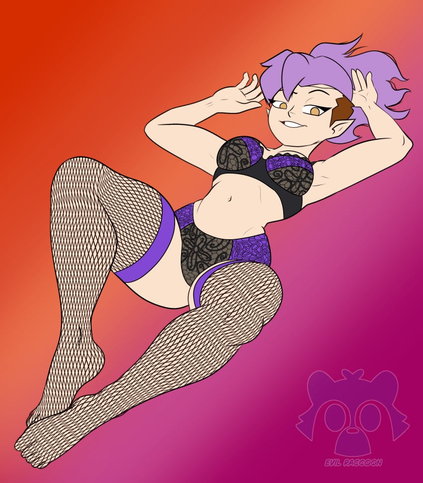 1girls amity_blight armpits commission disney dyed_hair evil_raccoon female female_only gold_eyes lingerie pale_skin pointy_ears ponytail purple_hair solo the_owl_house the_owl_house_(finale) underwear witch