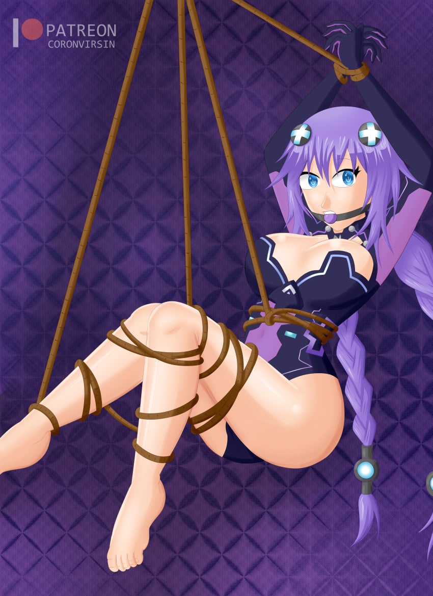 1girls ball_gag barefoot blue_eyes bondage bound_and_gagged choujigen_game_neptune damsel_in_distress enigma_heart feet female female_only gagged hands_tied neptune_(neptunia) neptunia_(series) purple_hair purple_heart_(neptunia) soles solo solo_female solo_only thighhighs_removed tied_up toes