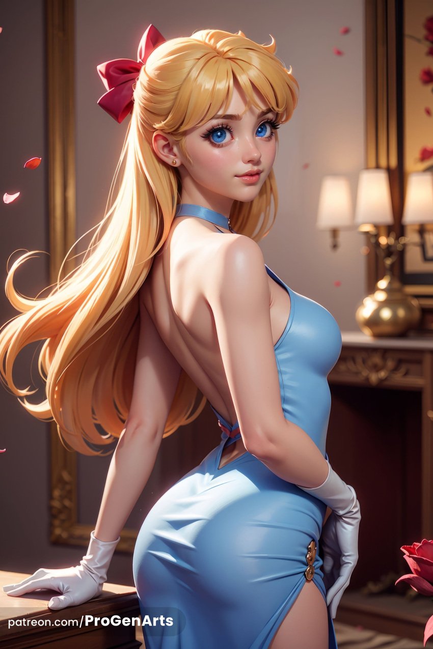 1girls ai_generated aino_minako artist_name ass backless_dress backless_outfit bare_shoulders bishoujo_senshi_sailor_moon blonde_hair blue_dress blue_eyes bow breasts dress flower from_behind gloves hairbow half_updo hi_res indoors lamp lips long_hair looking_at_viewer looking_back medium_breasts minako_aino nose patreon_username petals progenarts red_bow sailor_jupiter side_slit sleeveless sleeveless_dress solo web_address white_gloves