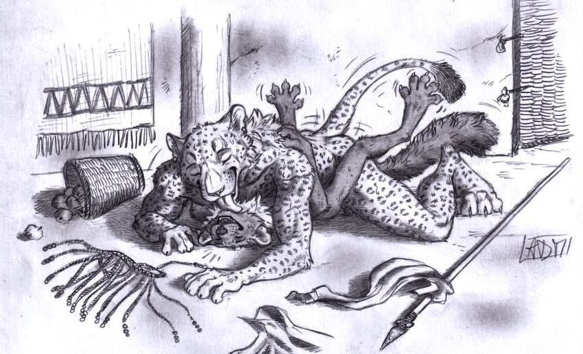 0laffson 2024 5_fingers 5_toes anthro anthro_on_anthro basket bodily_fluids cave_lion claws closed_eyes container duo ear_piercing ear_ring embracing_during_sex feet felid female female_on_bottom finger_claws fingers food from_front_position fruit fur graphite_(artwork) gulonine hi_res inside interspecies intimate jewelry larger_male licking lying male male/female male_on_top mammal markings marten melee_weapon missionary_position monochrome motion_lines mustelid musteline neck_tuft nude on_back on_bottom on_top open_mouth pantherine piercing plant polearm prehistoric_species ring_piercing romantic romantic_couple scar sex signature size_difference smaller_female smile spear spots spotted_body spotted_fur spread_toes sweat tail tail_tuft teeth toe_claws toes tongue traditional_media_(artwork) tuft weapon