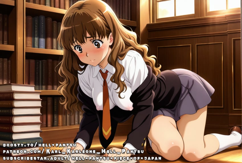 ai_generated ass brown_eyes brown_hair hermione_granger jacket medium_breasts nipples_visible_through_clothing panties shy skirt tie uniform wavy_hair