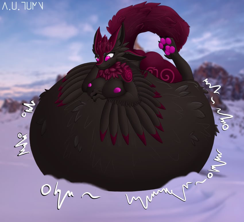 4_ears a.u.tumn absurd_res anthro avali belly big_belly big_breasts breasts digestion feathers female fluffy fluffy_tail hi_res huge_belly multi_ear nipples paws pink_eyes pink_nipples rumbling_stomach solo tail vore winter