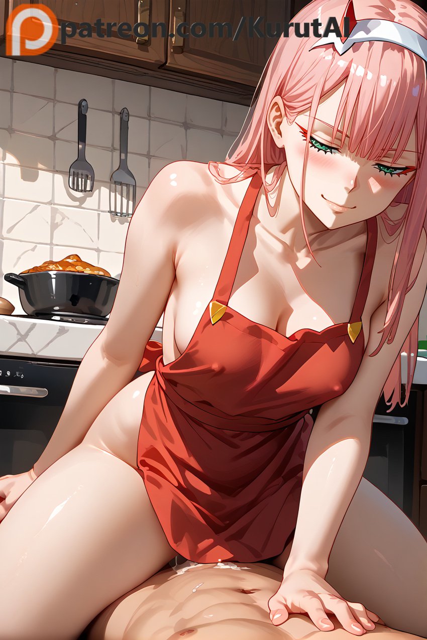 1boy 1girls ai_generated apron bangs barefoot blush breasts cleavage collarbone covered_nipples cowgirl_position darling_in_the_franxx eyebrows_visible_through_hair eyeshadow female green_eyes hairband horns kitchen kurutai long_hair looking_at_viewer naked_apron pink_hair pov smile solo_focus straddling straight tile_floor tile_wall tiles white_hairband zero_two_(darling_in_the_franxx)