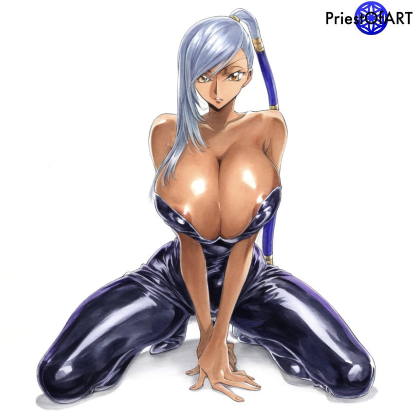 1girls ai_generated areola_slip big_breasts blue_hair brown_skin code_geass color female female_focus female_only huge_breasts kneeling large_breasts long_hair ponytail priestofart simple_background solo solo_female solo_focus spread_legs tagme tagme_(artist) tagme_(character) thin_waist v_arms villetta_nu white_background