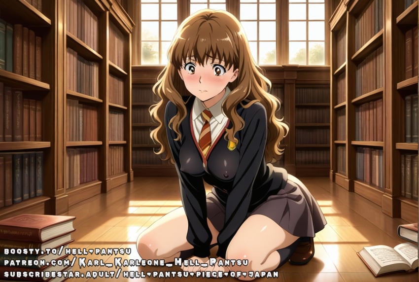 ai_generated ass brown_eyes brown_hair hermione_granger jacket medium_breasts nipples_visible_through_clothing panties shy skirt tie uniform wavy_hair