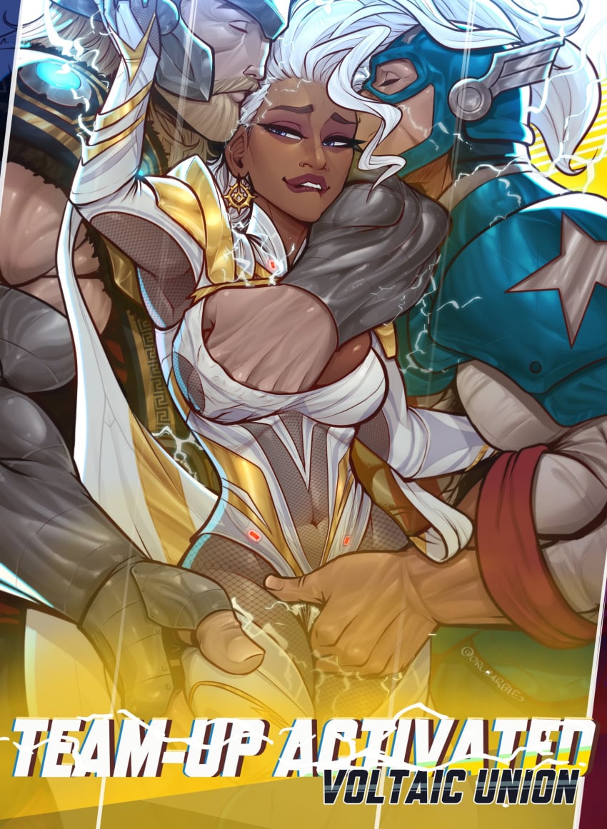 2boys1girl beard biceps biting_lip biting_own_lip captain_america captain_america_(series) clothed english_text fingering fingering_through_clothes gameplay_mechanics groping height_difference interracial marvel marvel_comics marvel_rivals medium_breasts muscular muscular_male orcbarbies storm_(marvel_rivals) storm_(x-men) superhero superhero_costume superheroine taller_male thor_(marvel) thor_(series) throuple trio