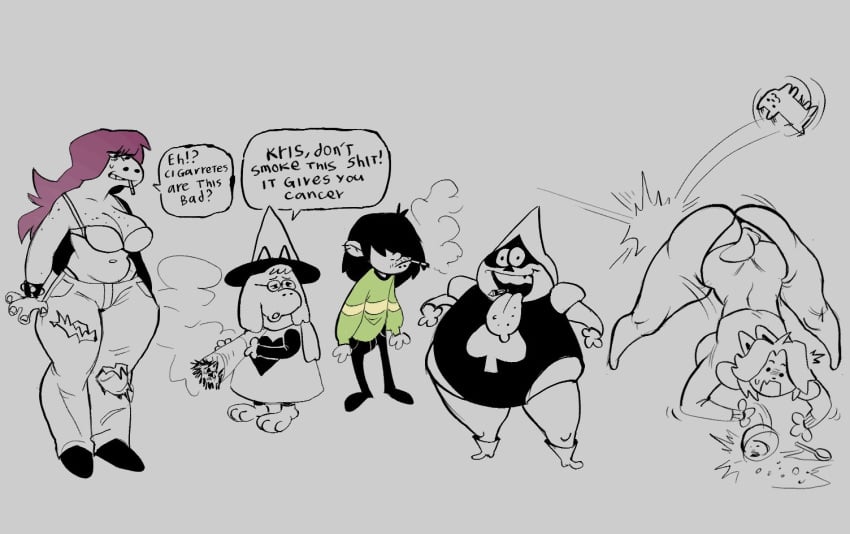 00ketsui 2boys 2d 2d_(artwork) 2d_artwork 2girls annoying_dog_(undertale) big_ass big_breasts bikini cereal cigarette deltarune dialogue fat_man freaky grey_background huge_ass jack-o_pose kris_(deltarune) lancer ralsei simple_background susie_(deltarune) tagme tail temmie_(undertale) text text_box text_bubble thick_ass thick_thighs undertale_(series) underwear