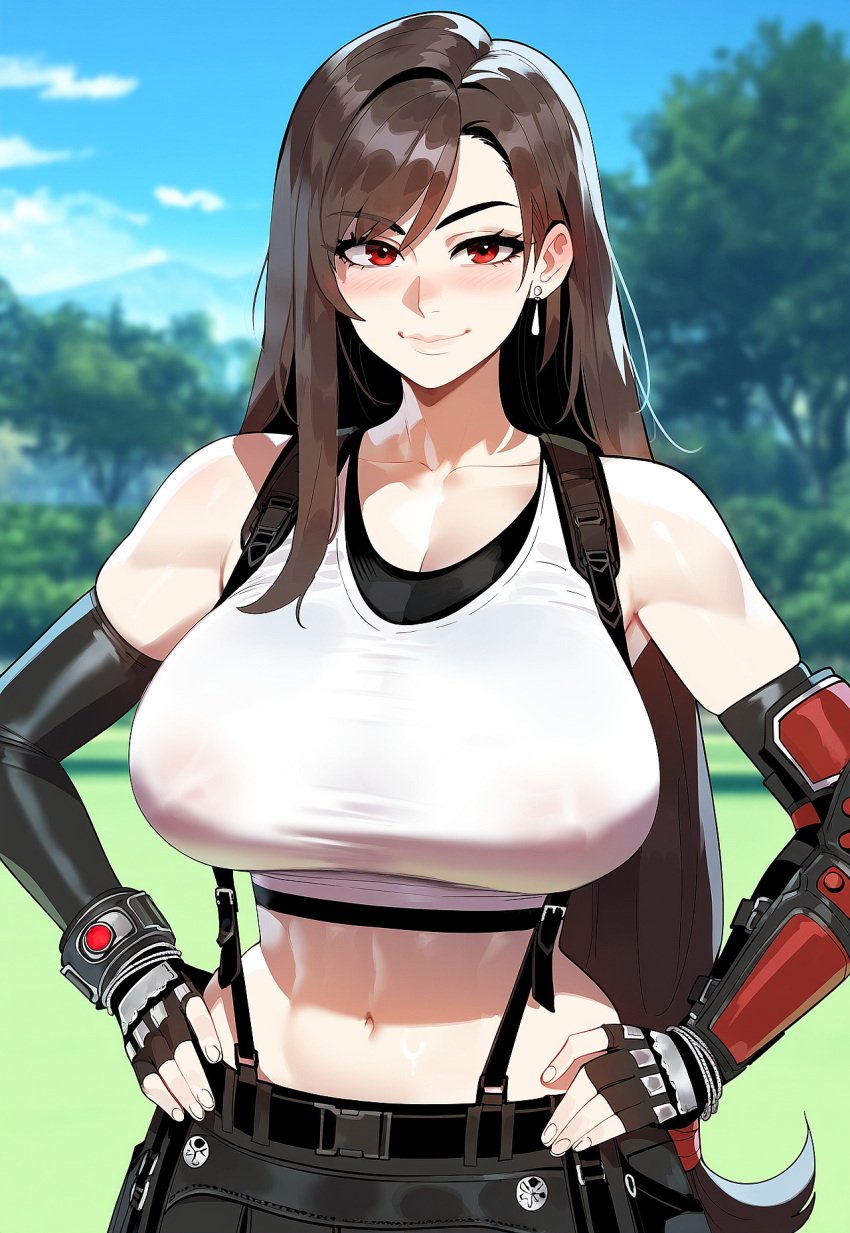 ai_generated breasts brown_hair curvy dark-skinned_male dark_skin female final_fantasy final_fantasy_vii_remake huge_breasts interracial juuicyai massive_ass massive_breasts outdoors red_eyes thick_thighs tifa_lockhart wide_hips