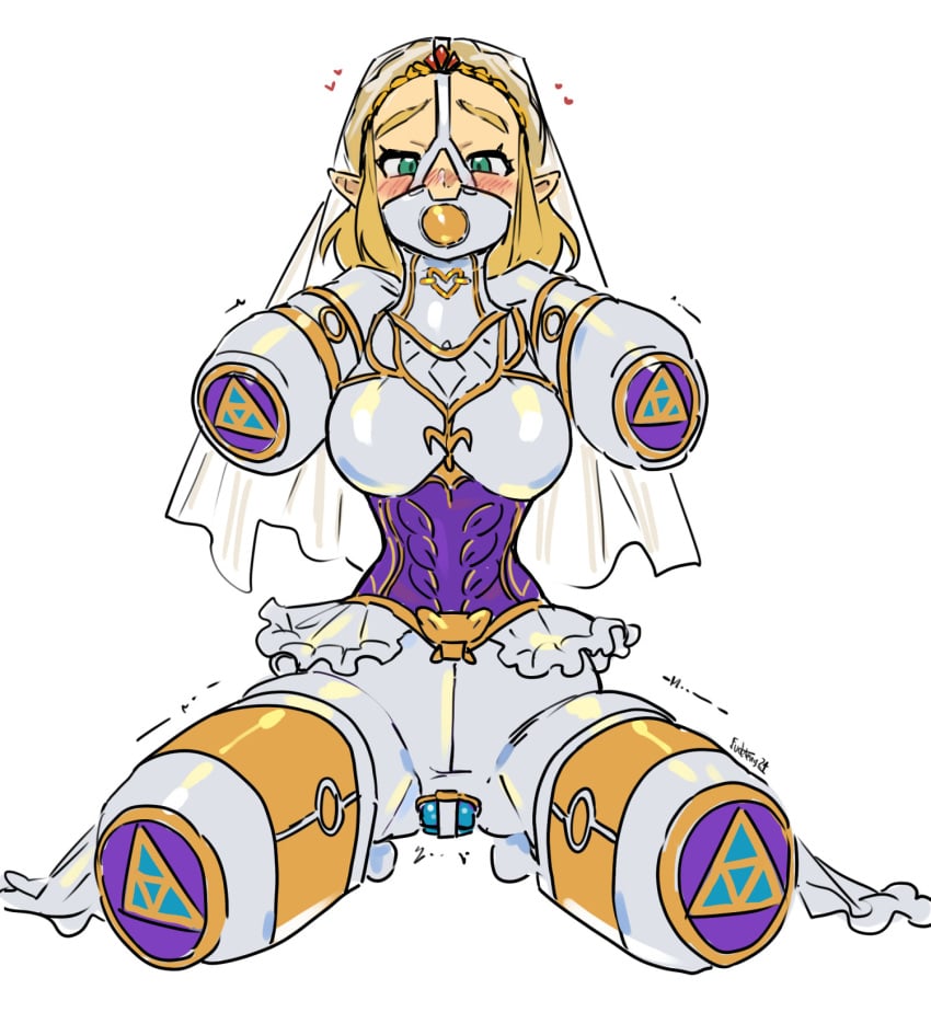 bitchsuit blonde_hair bridal_veil corset eudetenis gag gagged harness_gag latex latex_suit piddlefours plug_gag triforce zelda_(breath_of_the_wild)