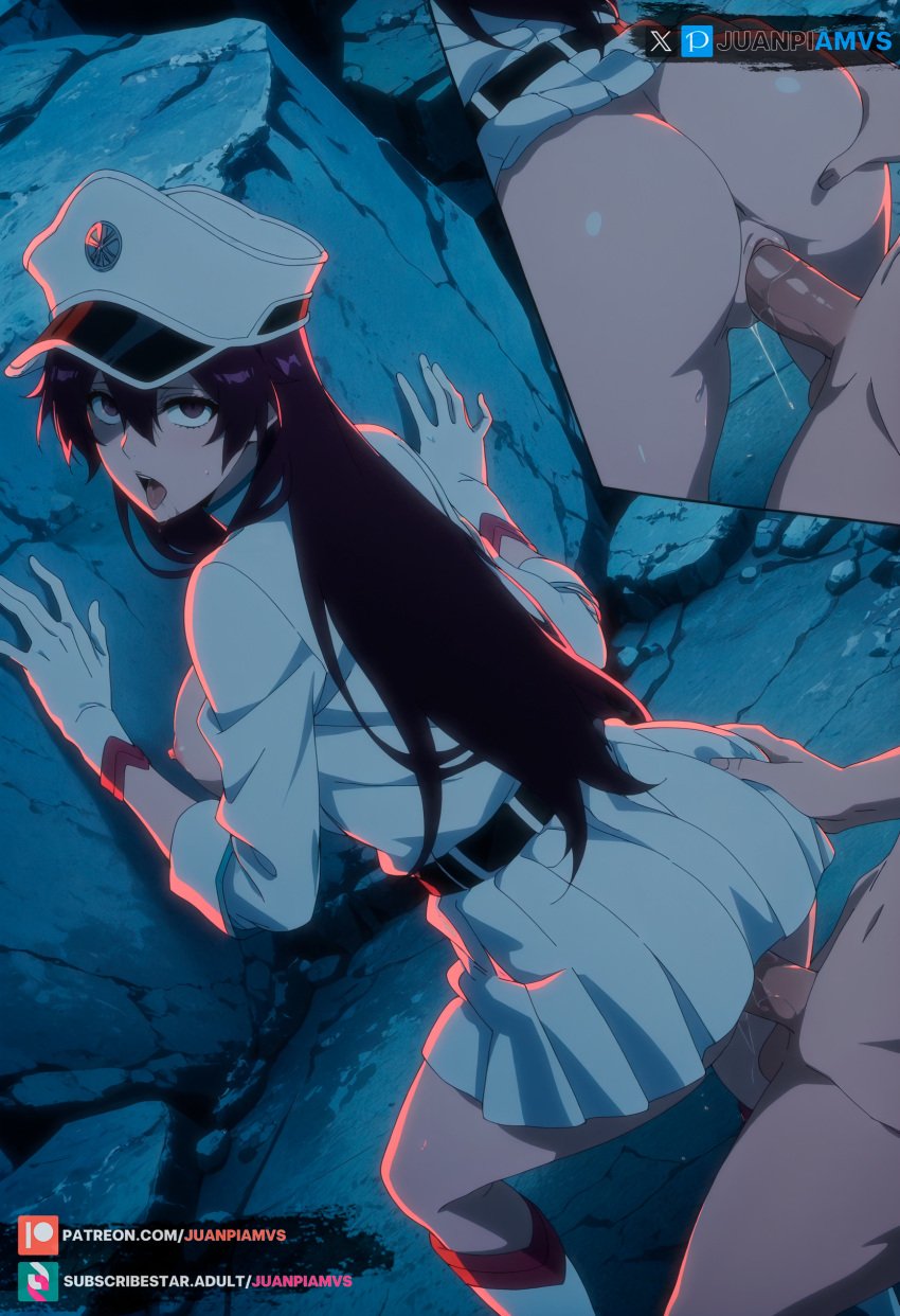 ai_generated bambietta_basterbine big_breasts bleach bleach:_the_thousand-year_blood_war brown_eyes dark_blue_hair female from_behind juanpiamvs long_hair patreon patreon_username penetration quincy_(bleach) sex subscribestar subscribestar_username tongue_out uniform watermark zoomed_view