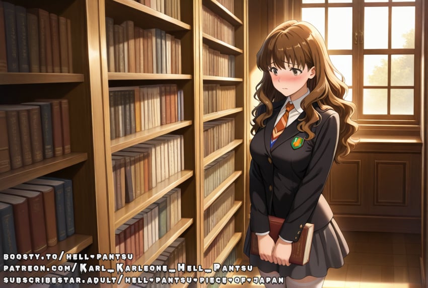 ai_generated brown_eyes brown_hair hermione_granger jacket medium_breasts shy skirt tie uniform wavy_hair