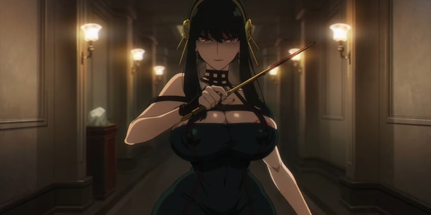 1girls ai_generated anime_screencap areola areola_slip areolae black_hair breasts covered_nipples dress earrings edit goonedoutp3rv hair_ornament hairband holding_object holding_weapon huge_breasts long_hair looking_at_viewer red_eyes screencap screenshot_edit slim_waist solo spy_x_family wide_hips yor_briar yor_forger