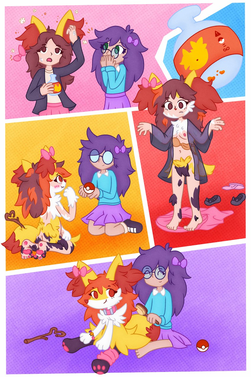 2:3 absurd_res anthro braixen clothing collar domestic_pet duo female female/female generation_6_pokemon hi_res huge_filesize human human_to_anthro implied_permanent mammal mimi_noooo nintendo nude pokeball pokemon pokemon_(species) potion species_transformation transformation transformation_potion transformation_sequence wardrobe_malfunction